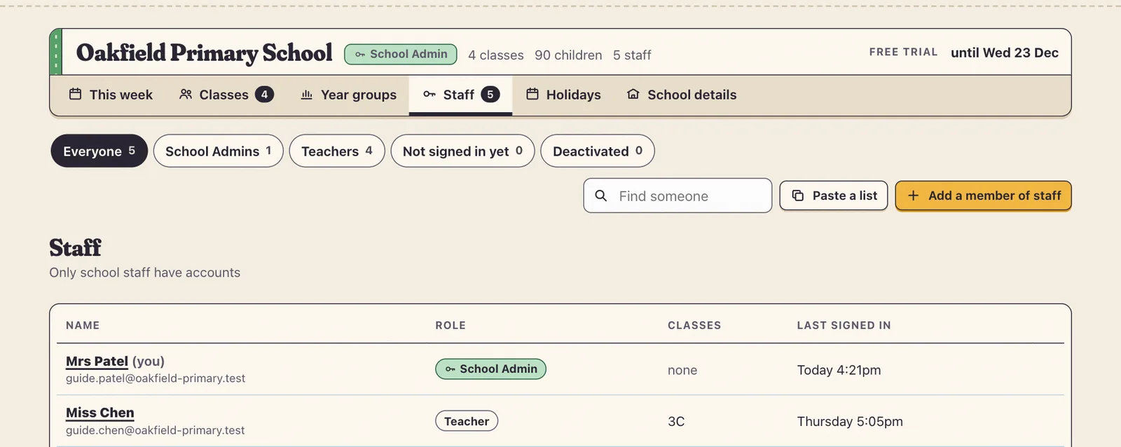 Staff: roles, classes and the last time each person signed in.