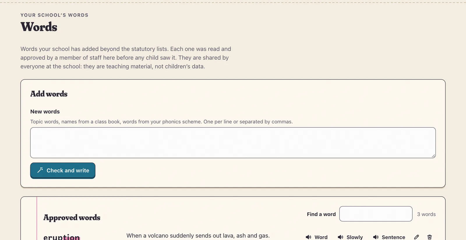 Your school’s words, with listen buttons for each recording.